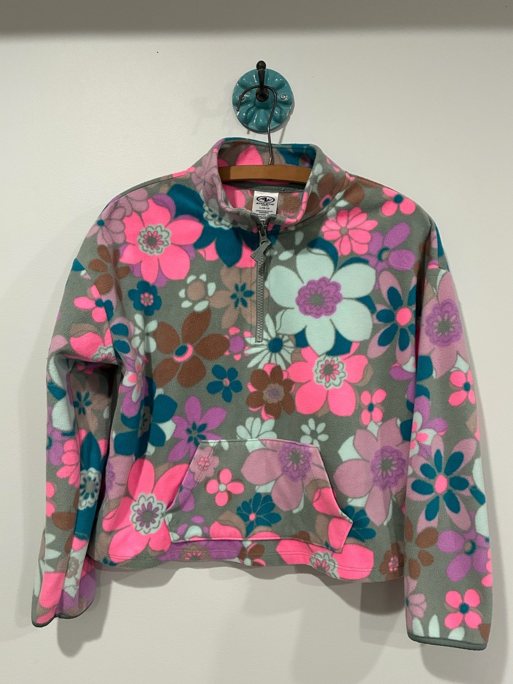 Like new Kids Floral Half-Zip Fleece Jacket - Pink, Teal & Gray